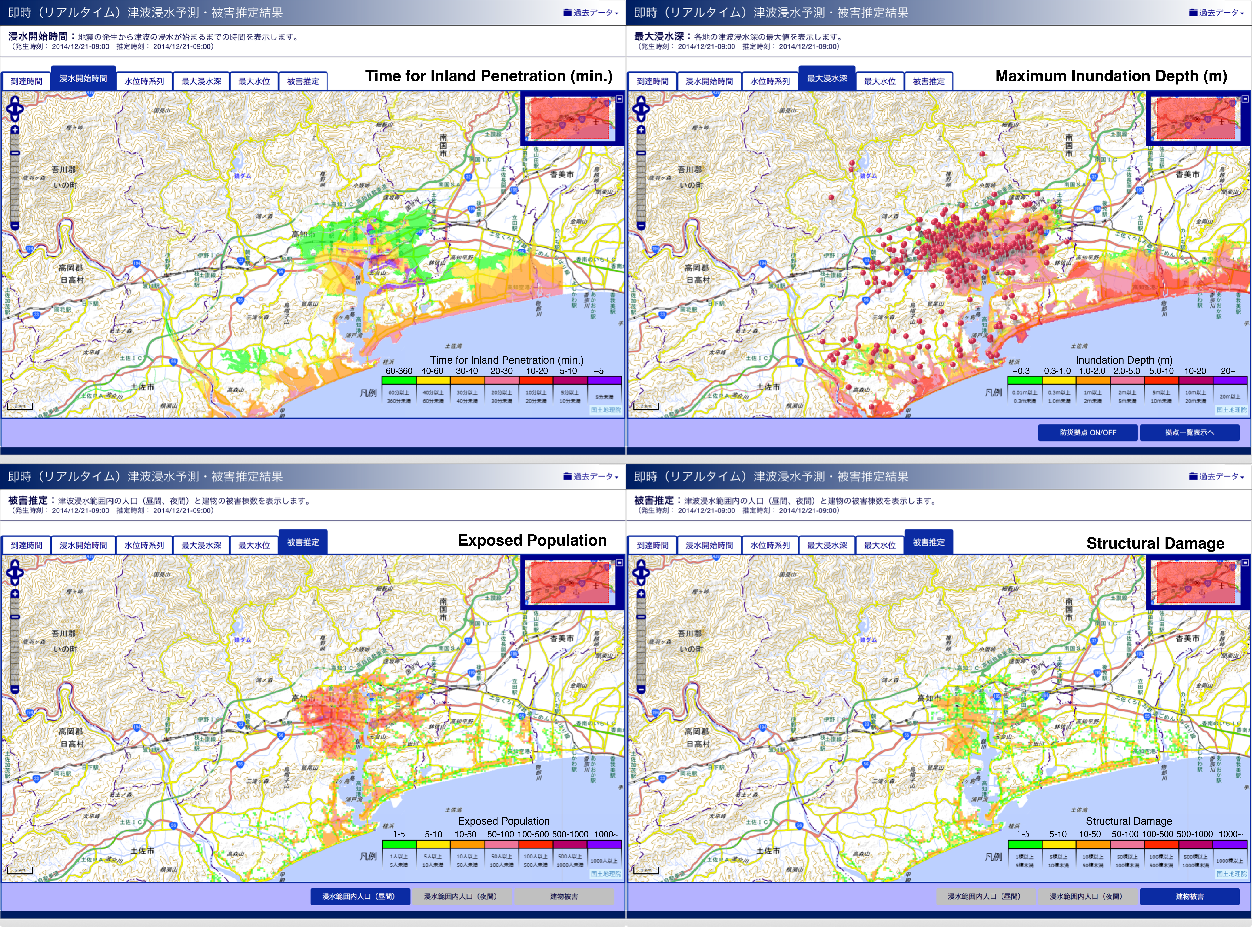 Tsunami inundation and damage forecast results for Kochi City, Japan. Top left: tsunami arrival time (time for inland penetration), top right: maximum flow depth, bottom left: structural damage, and bottom right: exposed populations (census-based).