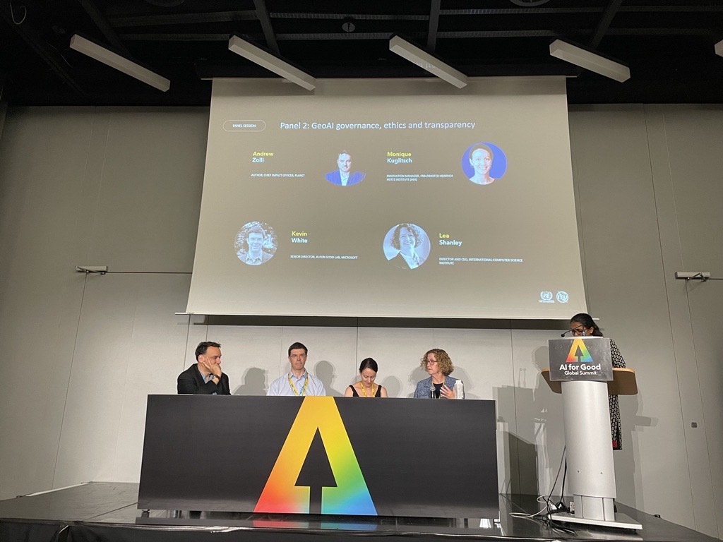 Lea Shanley (second from the left) on the panel on GeoAI governance, ethics and transparency with Andrew Zoli (from Planet Labs, GEO Associate on the furthest left) and other panelists&nbsp;