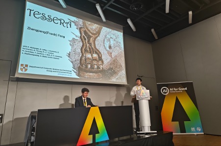 Zhengpeng Feng (on the left) took a stage to present emerging state-of-the-art academic research at the AI4Good 2026 Workshop titled GeoAI for Our Shared Future
