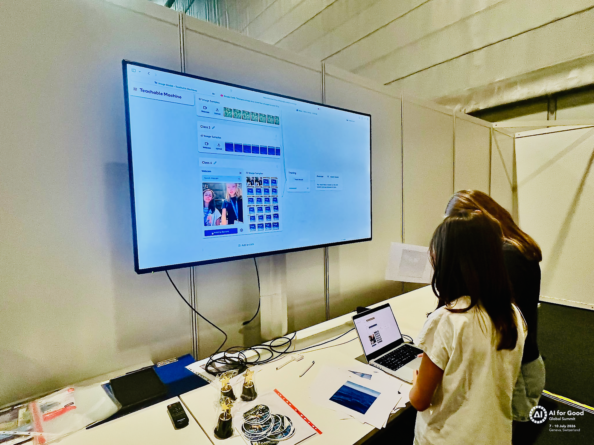 © AI for Good. Participants training their AI model to recognise different ’classes’ of ‘objects’ on land and sea from Google Earth satellite image data.